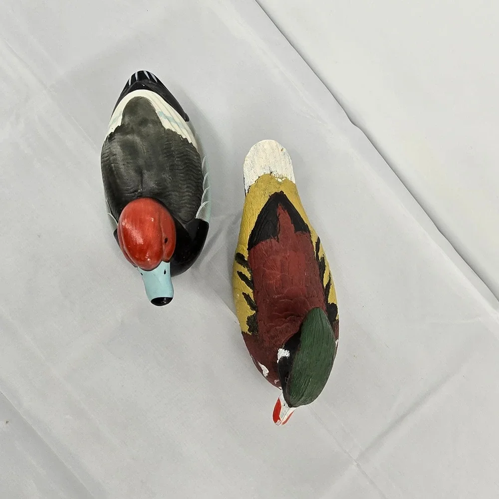 Vintage Hand Painted Duck Decoy Figurines Redhead and Wood Duck‎ Set of 2